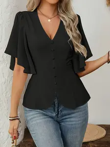 Women's V Neck Fringe Short Sleeve T-Shirt Top, Spring Summer Fall Fashion, Commuter & Daily Wear, Ladies' Casual Clothing