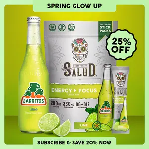 Salud x Jarritos 2-in-1 Energy Drink Powder + Focus, Lime, Organic Caffeine, B6 + B12, Theanine, Clean Energy Drink Packets, Non-GMO, Gluten Free, Vegan, 1g of Sugar, (15 Servings)