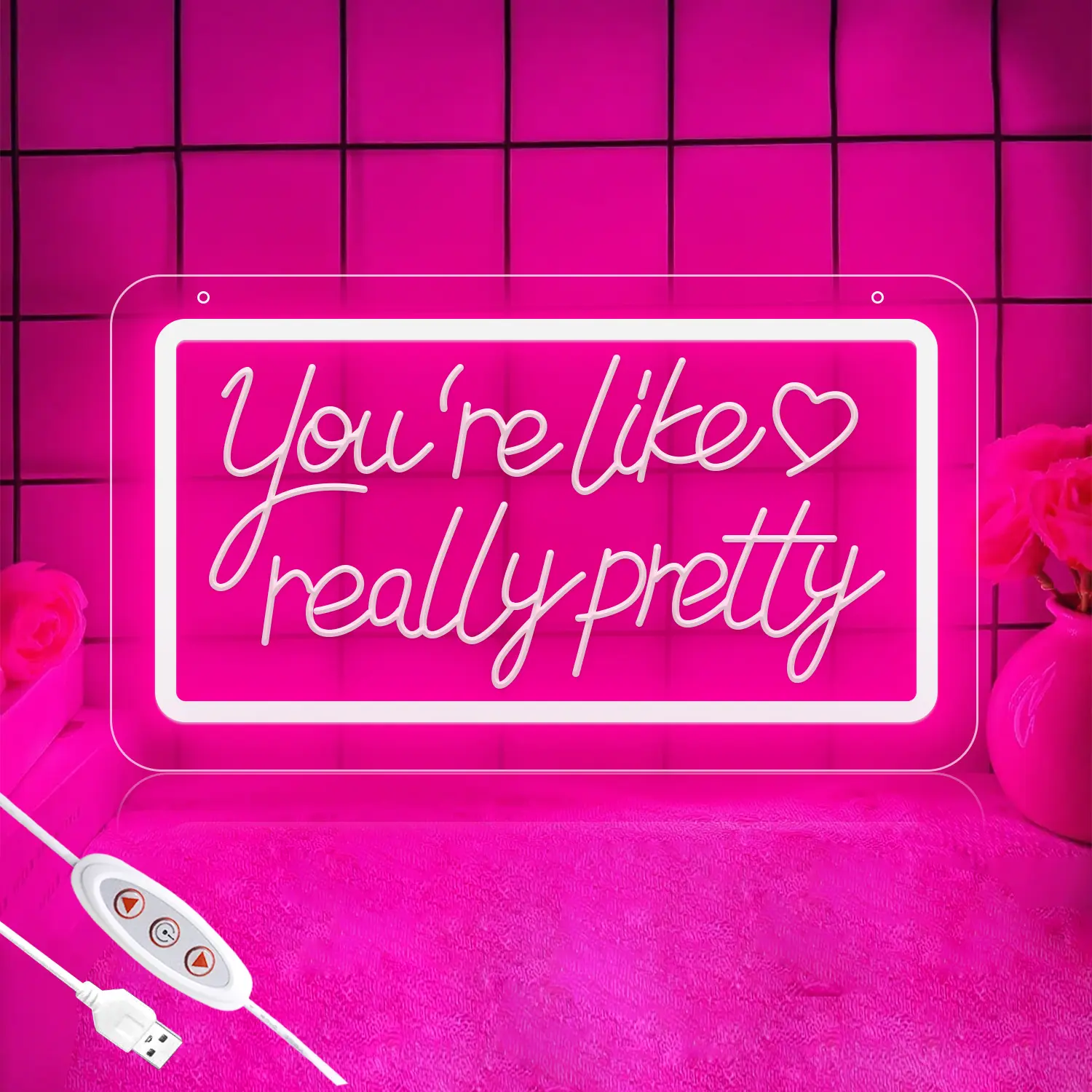 Blush Pink Heart LED Neon Sign, USB Dimmable Brightness-Adjustable Neon Light, Aesthetic Preppy Wall-Mount Indoor Decor for Girls' Bedroom, Valentine’s Day Gift