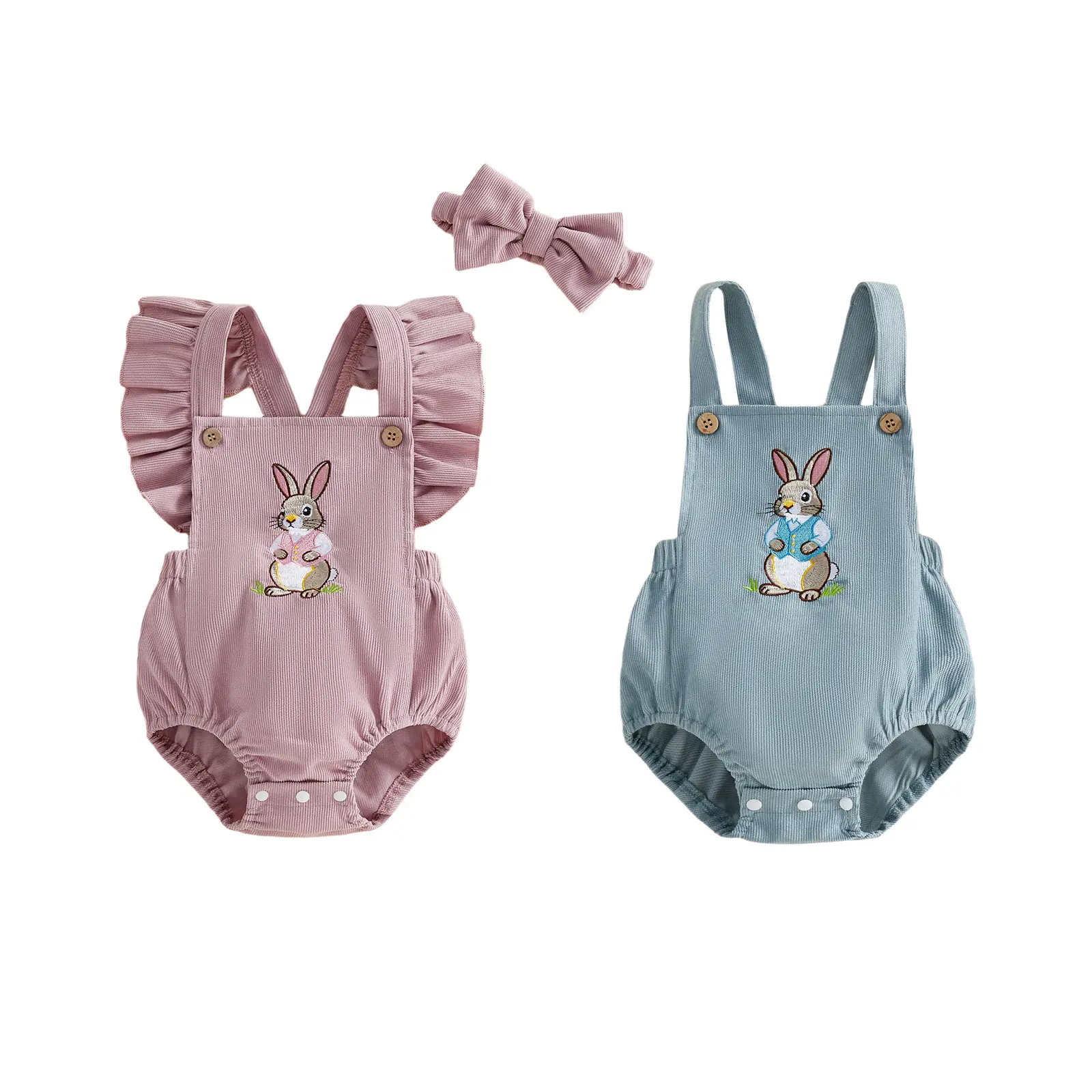 Newborn Baby Boys Girls Easter Outfit Fashion Bunny Embroidery Sleeveless Square Neck Romper Corduroy Overalls