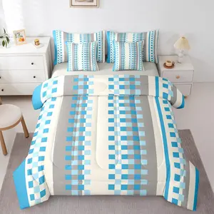 Kids Blue Bedding Set,Geometric Checkered Comforter Set with Sheets 7 Piece for Teens Adults,Rustic Buffalo Plaid Bed in A Bag Stripes Grids Bed Set,Modern Room Decor