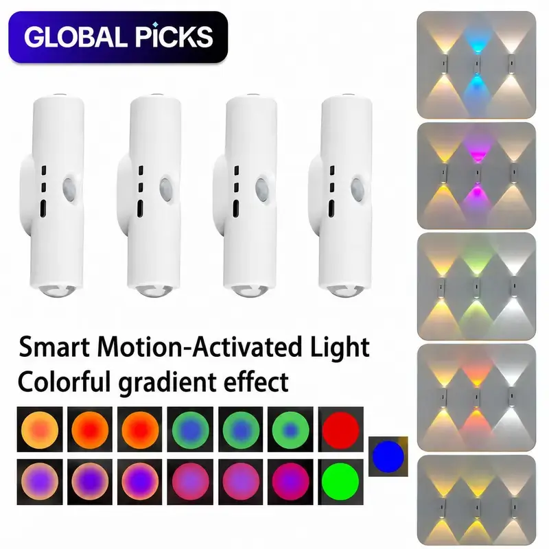 4-Pack Smart RGB Gradient Magnetic Wireless Decorative Lights Set Packs - Motion-Sensor, USB-C Rechargeable, Dimmable Wall Lamp, Auto On-Off, Smart Control Rechargeable Light-Up Decor for Bedroom, Entryway