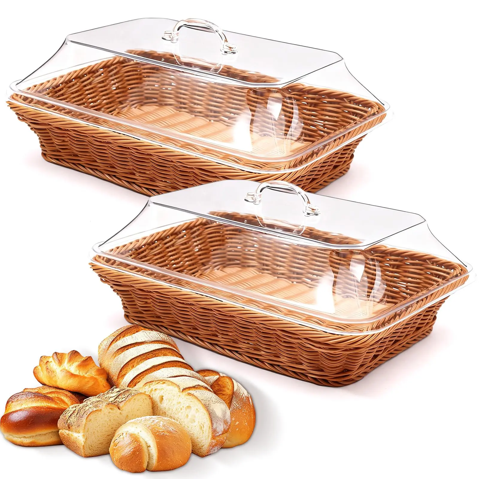 2-Set Sturdy Lightweight Plastic Imitation Rattan Wicker Bread Baskets with Acrylic Covers, Baked Goods & Fruit Servers with 13.78x9.84" Ample Space for Kitchen Use, Picnics