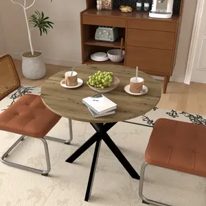 31.5" Round Dining Table with Metal Black Legs & Wood Grain Top, Small Kitchen & Dining Room Table for 2-4, Modern Circle Dinner Table Furniture for Small Spaces Kitchen, Rustic Brown