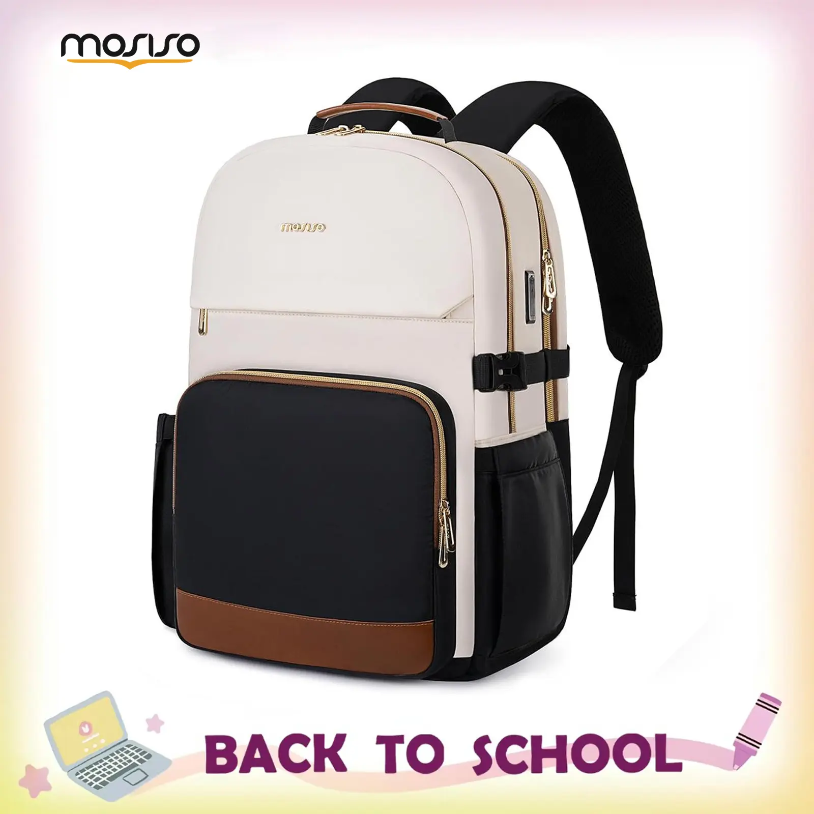 MOSISO Adult Laptop Backpack, Casual Solid Beige Travel Bag for Business & Holiday, Airline-Approved with Zipped Access, USB Port & Adjustable Straps, Carry-On, Solid Colors