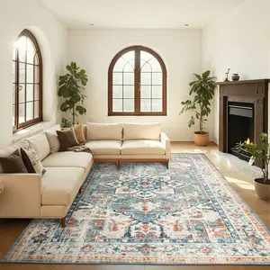 7x9 Area Rug for Living Room Non Slip Low Pile,Washable Vintage Persian 9x7 Area Rugs in Teal Blue for Bedroom Indoor,7 Foot by 9 Foot Dining Room Carpet,7'x9'Ft Home Office Desk Mat Under Table