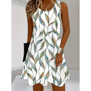 Womens Casual Printed Long Dress Opaque Fabric Round Neck Easy Care Soft Breathable Lightweight Versatile Dress Match Sandals Heels Necklace Crossbody Bag Hat for Beach Office Daily Wear Shopping Dating Vacation Spring Summer Fashion Dress for Ladie