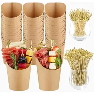 50 Sets 14 oz Charcuterie Cups with Sticks, Disposable Kraft Paper Charcuterie Boxes French Fry Holders Individual Appetizer Serving Cups (50 Cups + 200 Cocktail Picks)