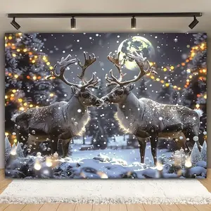 Classic Christmas Elk & Full Moon Snow Scene Backdrop - Polyester Rectangle Hanging Ornament for Holiday Decor, Universal Fit, No Electricity Needed, Clip-On Mounting Method, Ideal for Living Roo