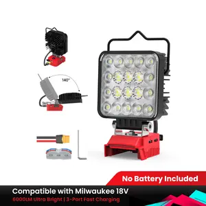 60W Cordless LED Work Light Compatible with Milwaukee 18V Battery, 6000LM Bright Flashlight with USB-A & Type-C Fast Charging, Adjustable Angle for Job Site, Camping, Emergency (Battery Not Included)