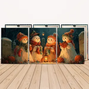 3 Counts Wooden Framed Canvas Painting, Halloween Snowman Lantern Scene, Exquisite Poster, Perfect Living Room Decoration, Modern Art, Fashion Family Poster, Wall Art Decoration, Waterproof Art