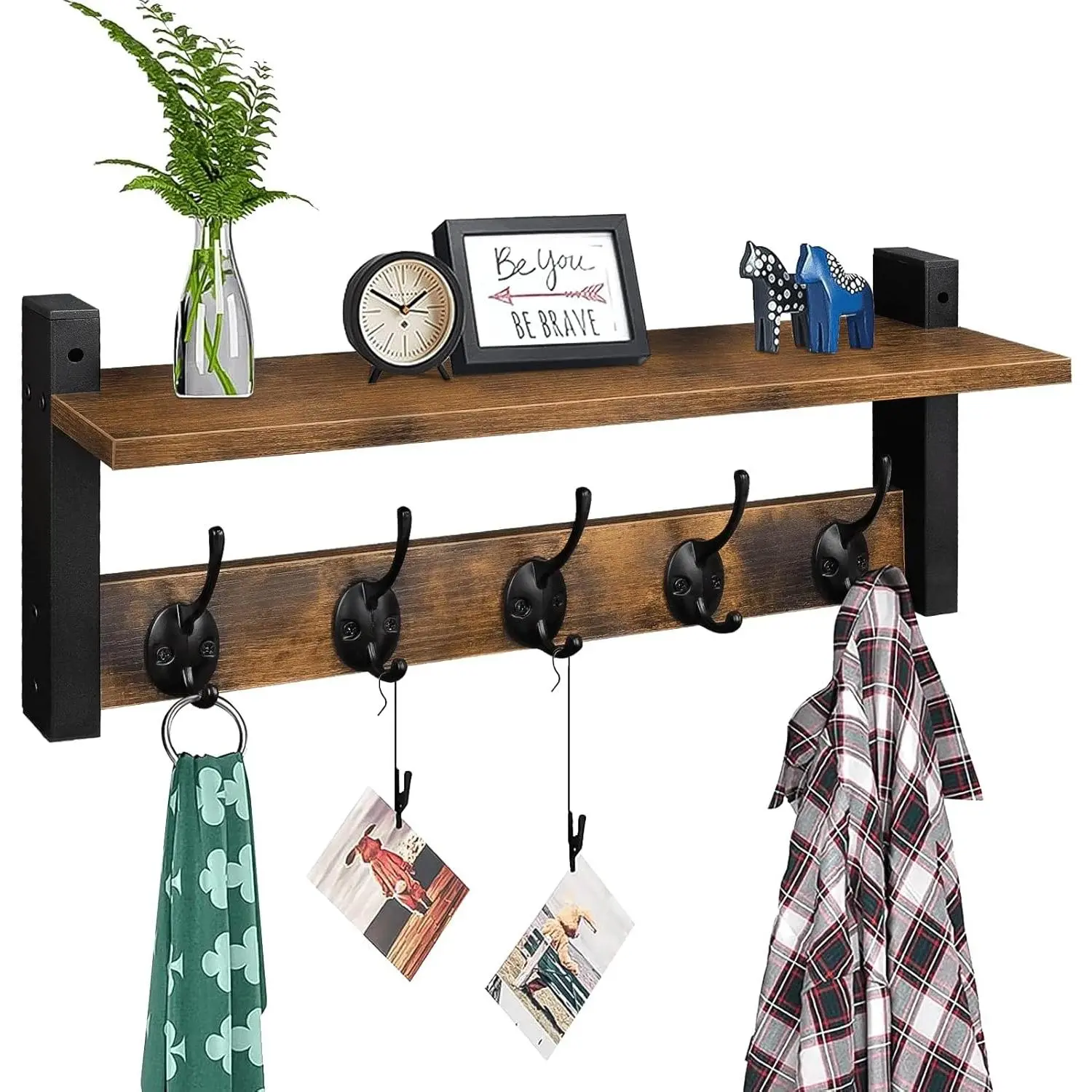 Rustic Wall Coat Rack with Storage Shelf, Wall Mounted Wooden Hanging Shelf with 5 Metal Hooks for Entryway Bedroom Bathroom Organizer