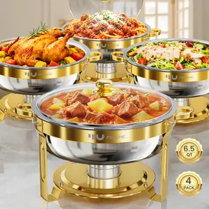 Femchic 6.5QT Gold Chafing Dishes for Buffet, 2/4 Pack Stainless Steel Round Chafer Set with Glass Lid, Stackable & Smooth Rim, Dishwasher Safe, for Catering, Parties, Weddings & Holiday Gatherings