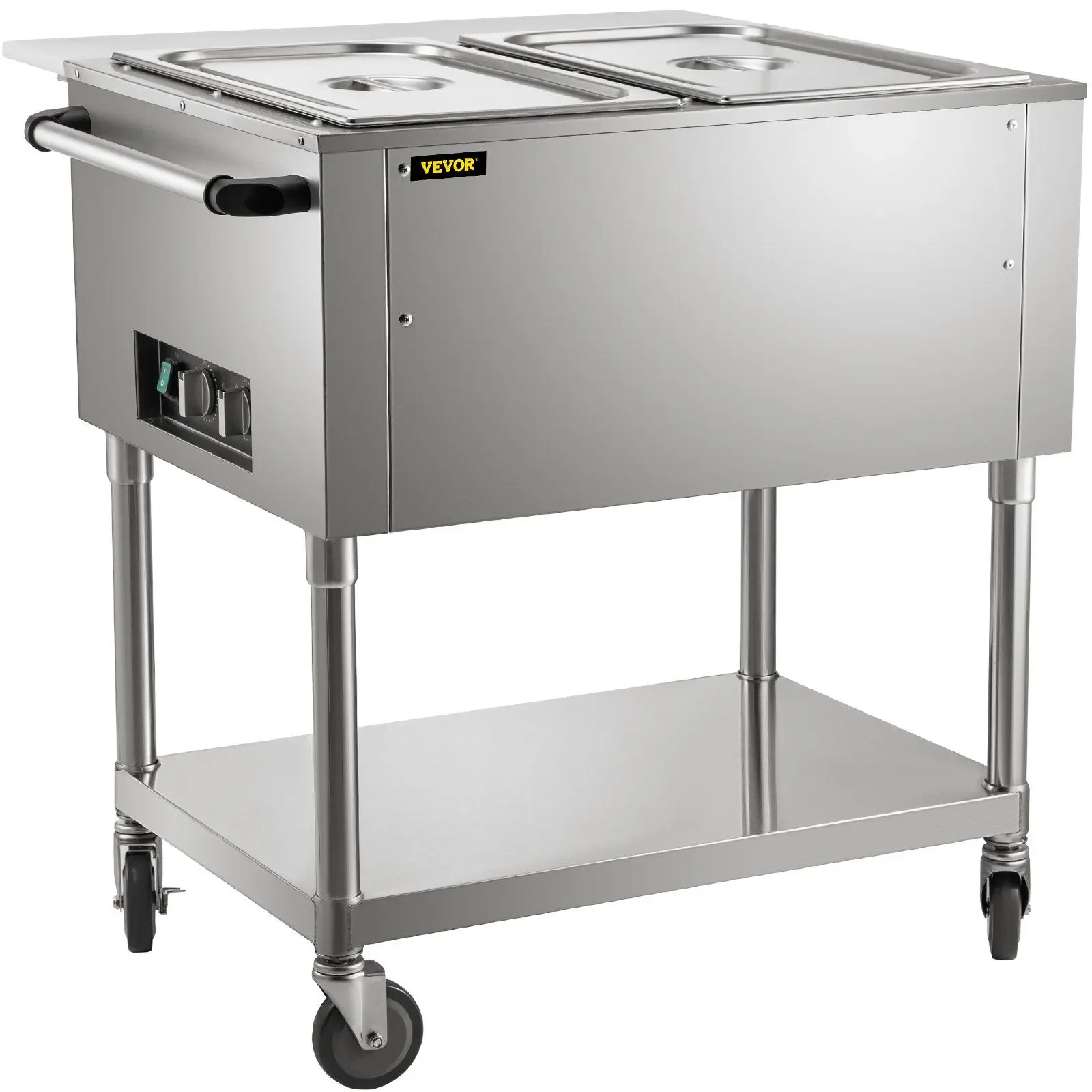 VEVOR Commercial Electric Food Warmer, 2-Full-Size Pans Steam Table with 0-100 °C Adjustable Temperature, Fast Heating Stainless Steel ETL-Certified Unit w/ 2 Lockable Wheels, Cutting Side Table & Under Shelf for Catering