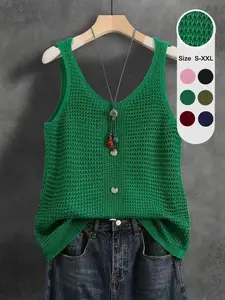 Women's Sleeveless V-Neck Knit Top, Summer Outerwear, Slimming Comfortable Loose Fit, Elegant Casual Design, Breathable Mesh Vest