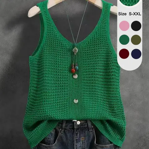 Women's Sleeveless V-Neck Knit Top, Sleeveless Tops, Sleeveless Everyday, Summer Knitted Outerwear with Comfortable Loose Fit, Elegant Casual Design, Breathable Mesh Vest Womenswear Elegance