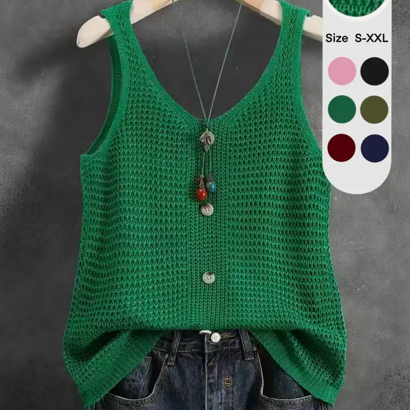Women's Sleeveless V-Neck Knit Top, Sleeveless Tops, Sleeveless Everyday, Summer Knitted Outerwear with Comfortable Loose Fit, Elegant Casual Design, Breathable Mesh Vest Womenswear Elegance