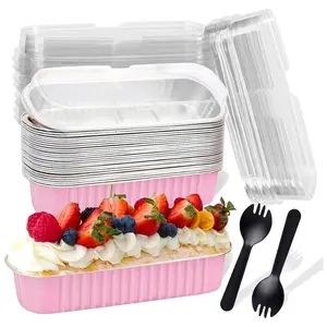 20PCS Rectangle Mini Loaf Pans With Lids,Mini Cake Pans with Lids,Disposable Ramekins Baking Cups Muffin Tins Cupcake Cups for Wedding Birthday Party,6.8oz（Pink）