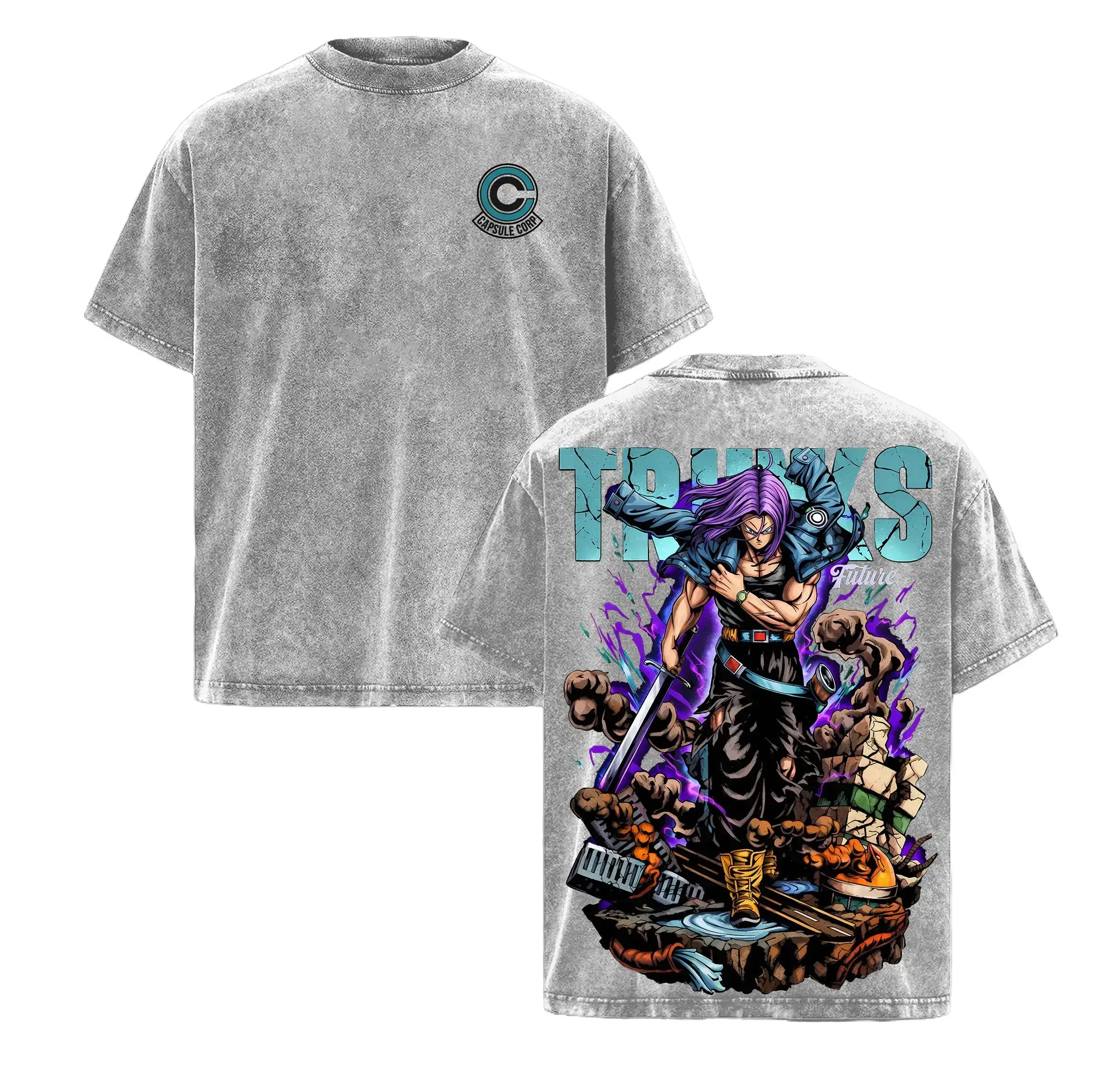 Future T.R.U.N.K.S Shirt DBZ Anime Capsule Corp Warrior Vintage Washed Oversized Tee Time Traveler Saiyan Graphic