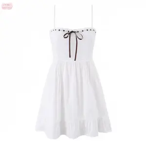 YehGoods 2026 Summer Dress for Women & Girls - Square Neck Tie Waist Bow Detail Embroidered Casual Vacation Dress - Soft Lightweight Flowy Sleeveless - Womenswear Elegance - Elegant, Basic