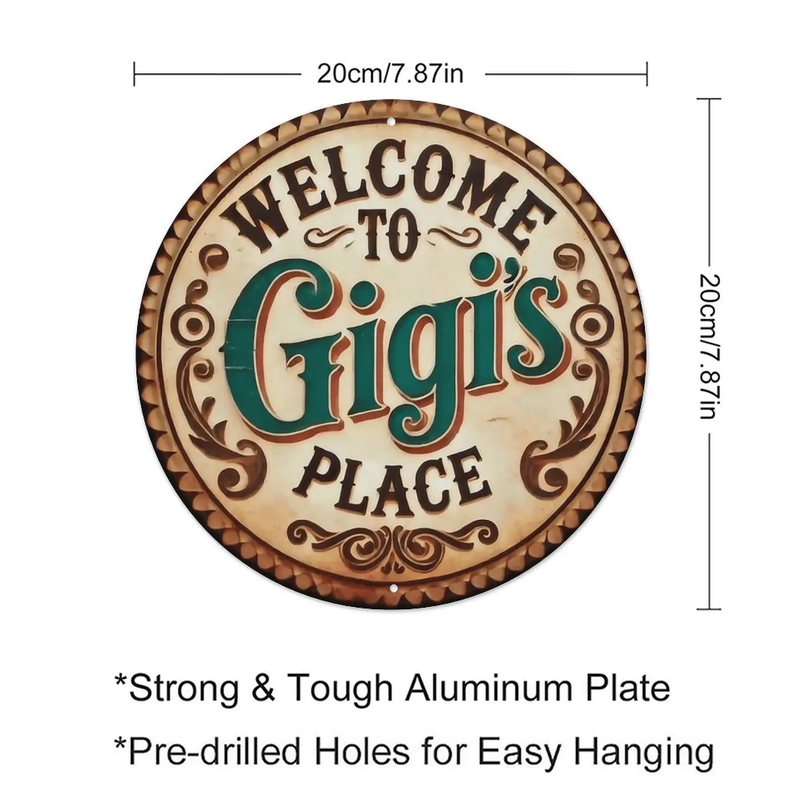 8x8 Inch Vintage Metal Wall Art Sign "Welcome To GiGi's Place" Round Metal Decor, Suitable For Home, Kitchen, Cafe, Bar And GardenIron metal wall sign Vintage Metal Tin Sign home decor plaque funny bar sign