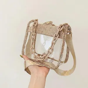 Women's Transparent Rhinestone Decorated Chain Crossbody Bag - Trendy Chain Strap, Zip Closure, Stylish Versatile Bag for Concerts, Spring Glow-Up, Summer Vibes, Chain Crossbody Bags outdoorfun