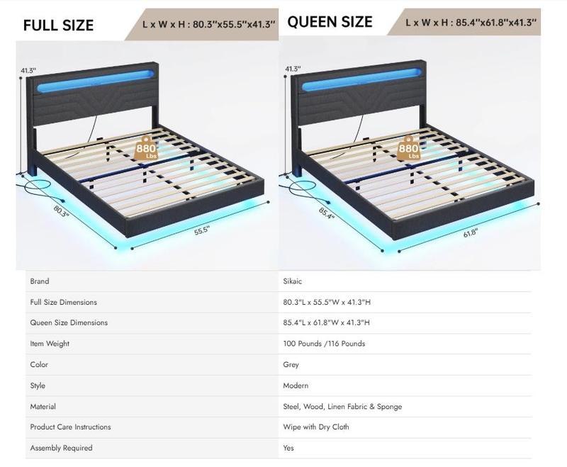 Sikaic LED Bed Frame with Charging Station Remote Control Storage Headboard Sturdy Wooden Slats Black