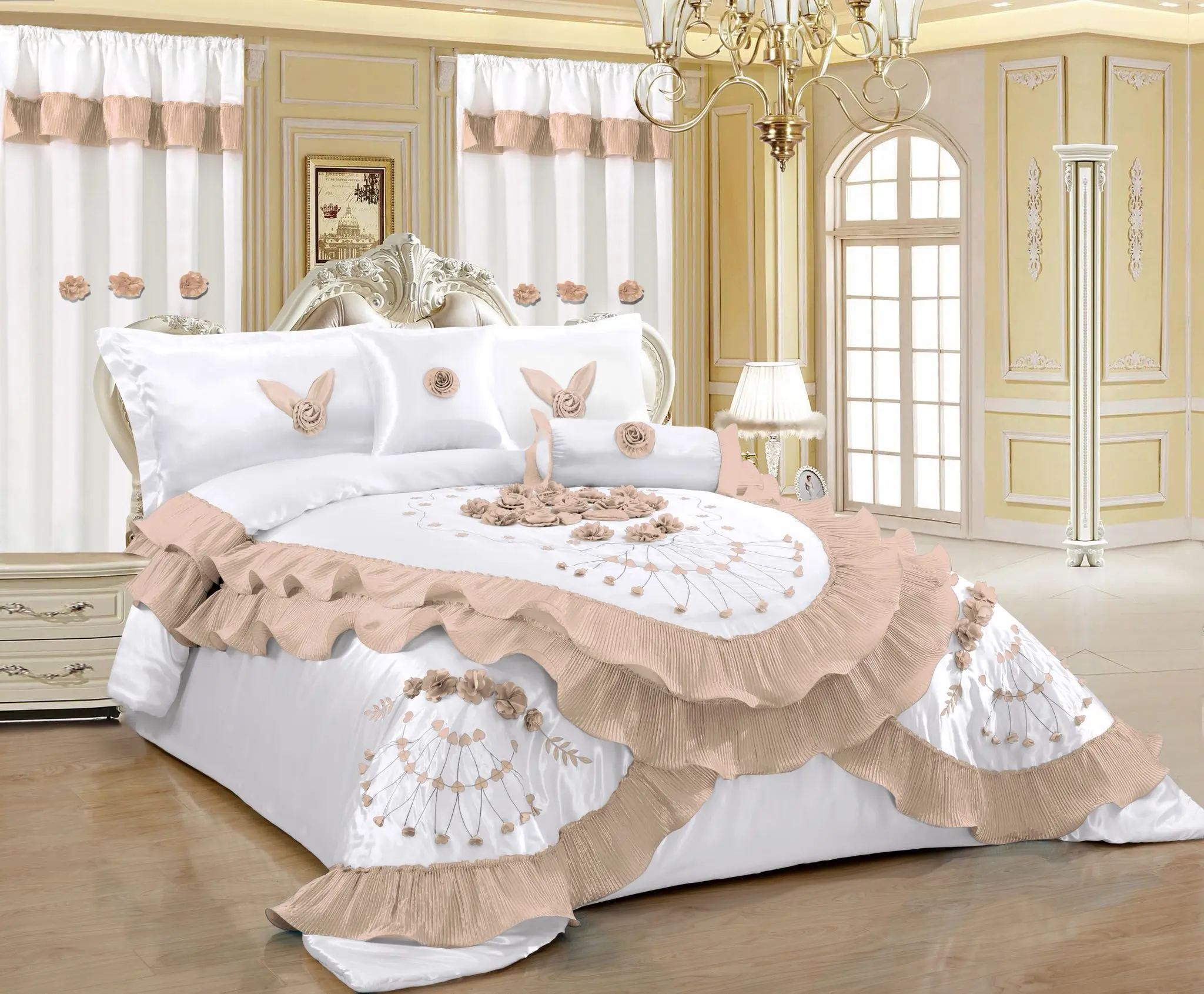 White And Beige Luxurious 7 Pcs Wedding Bedding Set