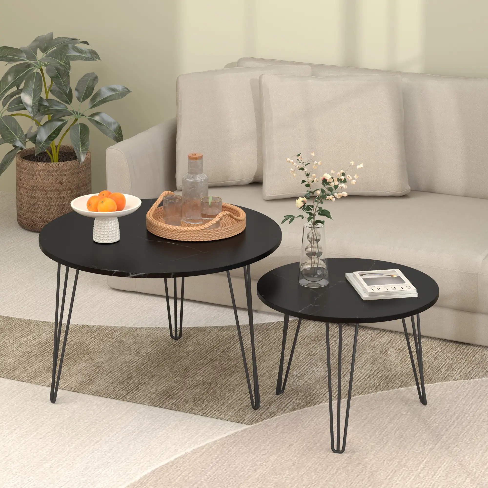 Round Nesting Coffee Table Set of 2, Black Marble Veneer Tabletop Nesting Side Tables with Stable Metal Hairpin Legs, Space Saving Stackable Design, Modern Minimalist Accent Furniture for Living Room, Bedroom, Apartment and Small Spaces