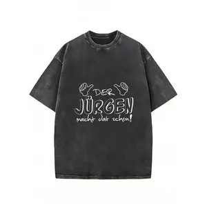 Mens Loose Fit Grey Round Neck Short Sleeve 230g Pure  Washed T-Shirt Vintage Letter Graphic Printed Casual Top for Streetwear Daily Wear