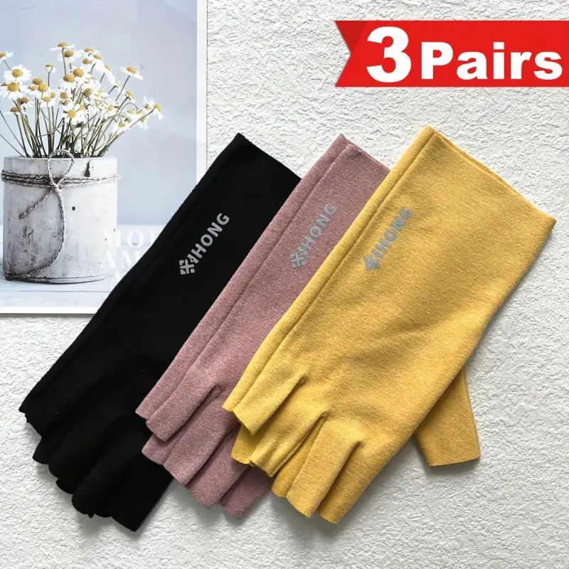 3 Pairs Women's Stretchy Thin Fleece Half Finger Gloves - Thermal, One-Size-Fits-All, Multi-Color Options (Black/Pink/Yellow) for Outdoor Sports & Indoor Use, Machine Washable, Autumn Winter Warmth, Durable & Comfortable Fit, Warm Glov