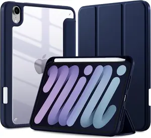 for iPad Mini 7 Case A17 Pro, for iPad Mini 7th/6th Generation Case 2024/2021 8.3 Inch with Pencil Holder, Hybrid Slim Clear  Shell Cover , Auto Wake/Sleep, Navy Blue