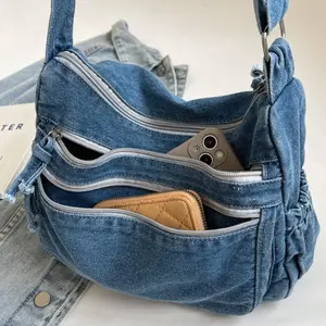 Vintage Denim Women's Shoulder Bag Large Capacity Messenger Bag Multi-pockets Satchel Bags Adjustable Strap Ladies Crossbody Bag