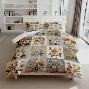 2/3PCS Vintage Floral Checkerboard Comforter Set, Soft Microfiber Bedding with Filler, No Pillow Inserts, for Bedroom Dorm Decor & Gift Idea, Floral Bedding Sets