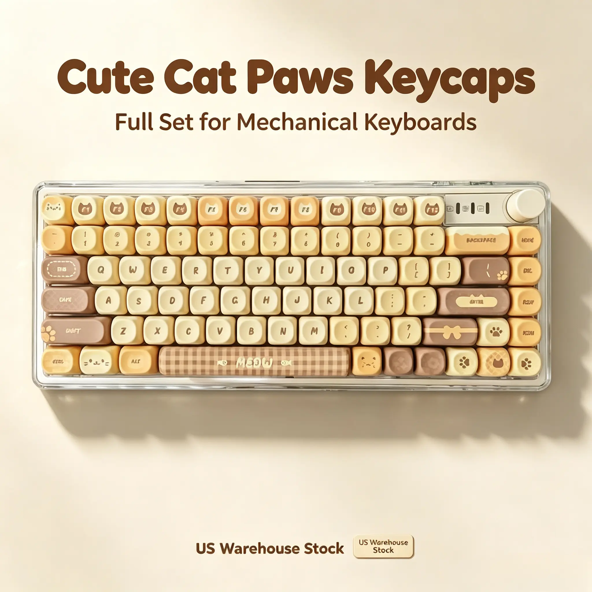 LOBO Cute Cat Paw PBT Dye-Sub XDA Profile Custom Anime Keycap Set, 138-Keys Complete Cream Beige Cartoon Design, Mechanical Gaming Keyboard Replacement Keycaps teclado