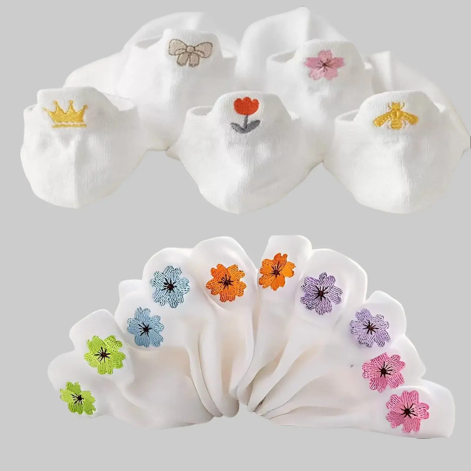 10 Pairs Women Cute Embroidered White Ankle Socks, Mixed Floral Bee Crown Bow Pattern, Soft Breathable Casual Low Cut Short Socks, Coquette Aesthetic Daily Socks   Underwear > Socks Kawaii,Embroidered,Ankle,Socks