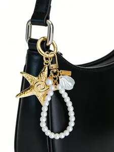 Gold Starfish Design Pearl Shell Keychain Jewelry, Y2K Style Cute Simple Bag Charm, Silver Color Spring Clip, Perfect for Backpacks, Bags, Keys, Phone Accessories, Ideal Gift