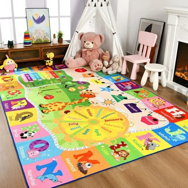 LOCHAS Kids Educational ABC Animal Cartoon Printed Themed Nursery Rug - Modern Flat-Weave Indoor Rug, Rubber Antiskid Backing, Non-Slip Interactive Play Mat for Playroom, Nursery, Cartoon Nursery Rugs, Printed Nursery Rugs