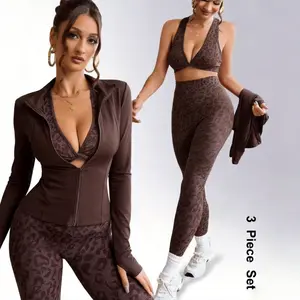 3 Piece Leopard Print Yoga Set for Women - High Waist Tummy Control Leggings, Zip Up Workout Jacket, Sports Bra - Buttery Soft 4 Way Stretch Moisture Wicking Activewear for Gym, Pilates, Lounge