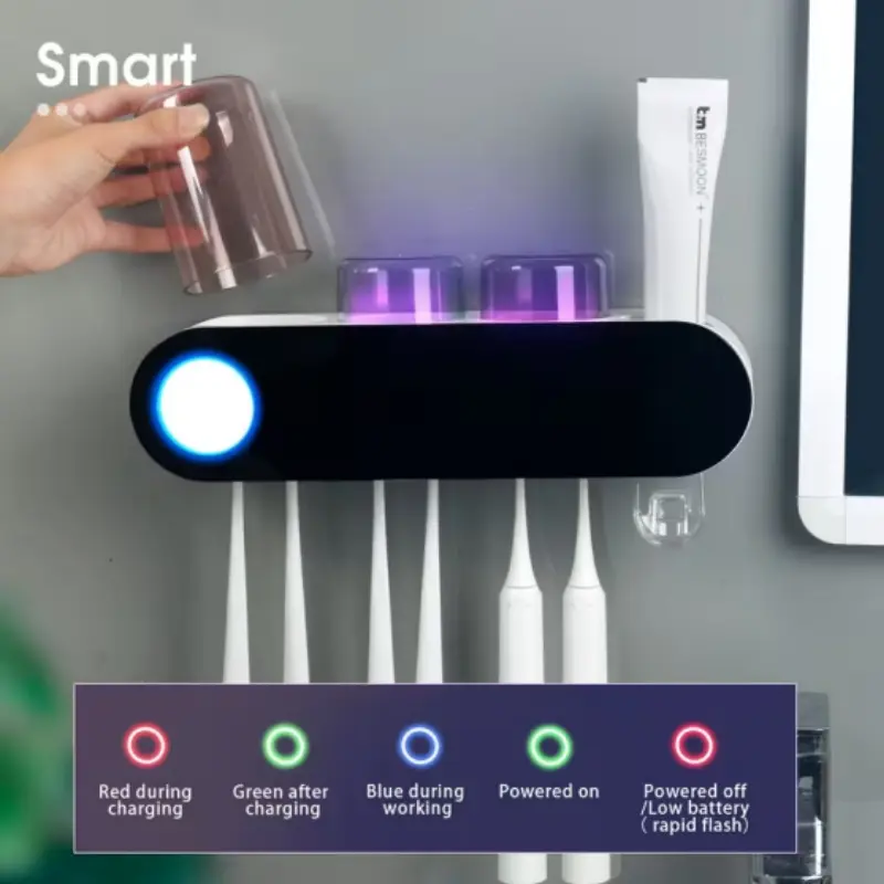 Rechargeable Wall-Mounted Toothbrush Sanitizer and Holder, Bathroom Accessory with 3 Cups, Toothpaste Dispenser, Smart Home Decor, Black