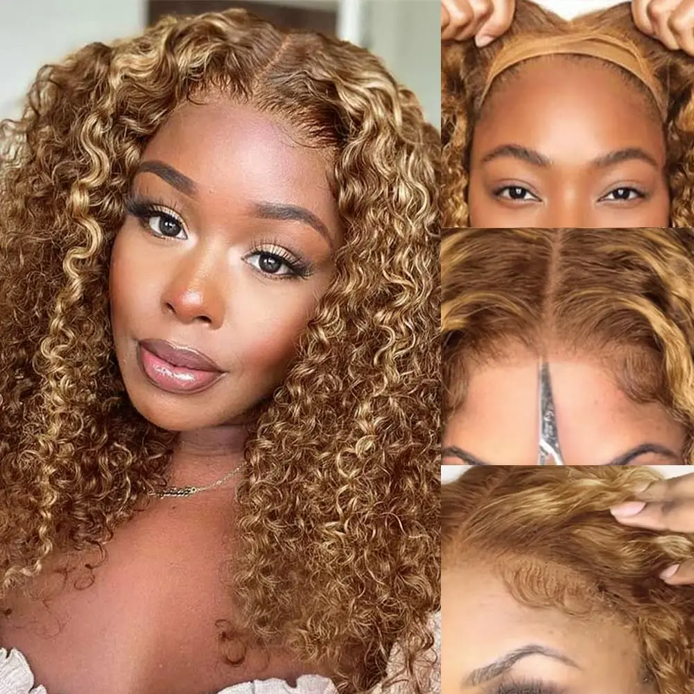 Bye Bye Knots 5X5 Pre Cut Lace Honey Blonde Highlight Jerry Curly Put On Go Glueless Lace Front Wig,Mixed Color Invisible Knots Human Hair Wigs Pre Plucked Hairline 180% Density