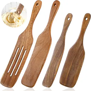 4 count Wooden Spurtle Set, Teak  Spatula, Multipurpose Cooking Utensils for Non-Stick Cookware, Stirring, Scooping, Smashing, Serving