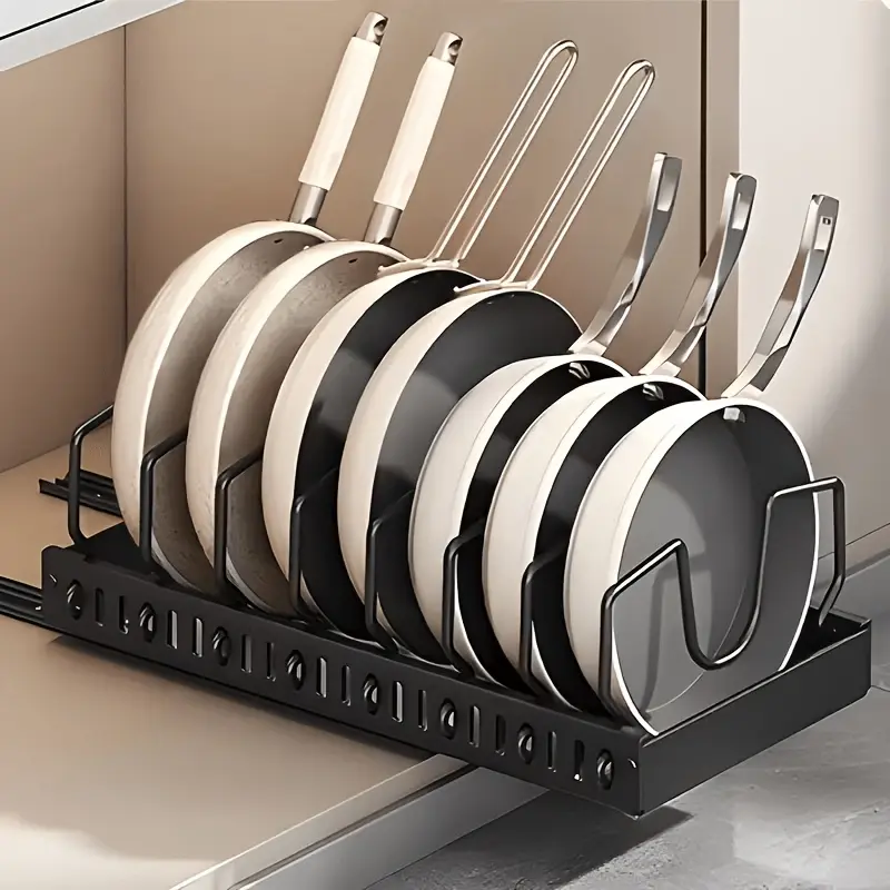 Pull Out Pot and Pan Organizer Rack, Adjustable Dividers Cookware Storage Holder, No Drill Kitchen Cabinet Countertop Pan Lid Storage Rack for Kitchen Organization