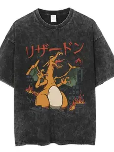 Charizard Anime Japanese Mineral Wash T-Oversized Tee, Graphic Tee, Gifts for Him, Birthday, Christmas Gift, Crewneck Menswear, Mens Clothing, Tee