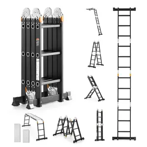 Multi-Purpose Folding Ladder 7-In-1 3-Step 12-Foot Aluminum Ladder With Scaffolding Plank for Indoor Outdoor Use, Portable Sturdy, Adjustable Height, Non-Slip Feet, Secure Locking Hinges, Heavy-Duty Construction, Utility Ladder