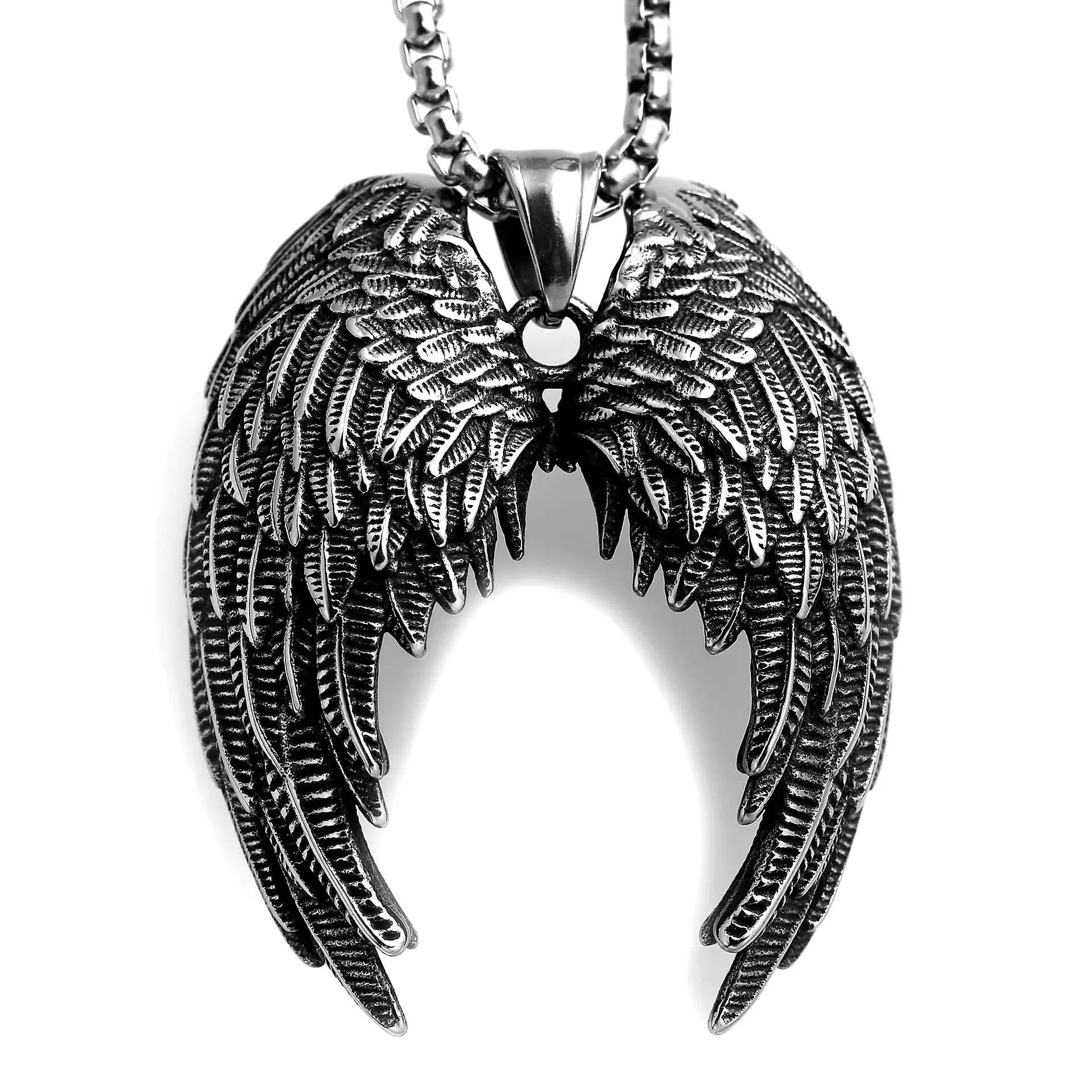 Gothic Angel Wing Pendant Necklace in Stainless Steel, Unisex Vintage Spiritual Jewelry, Protective Guardian Amulet with Polished Finish, Protective Necklace, Strength Necklace