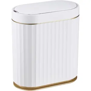 Automatic Sensor Trash Can - 2 Gallon Slim Fit for Bathroom, Bedroom, Kitchen, Office - White with Gold Trim