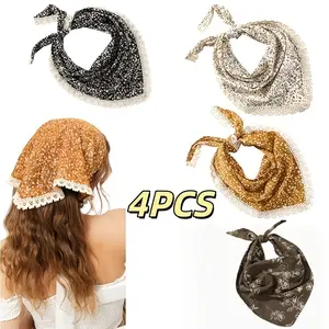 A Set of Four Women'S Lace Triangle Hair Bands with Prints, Featuring Retro Floral Designs. These Elastic Hair Ties Are Stylish And Adaptable, Perfect for Everyday Use And Outings Or Travel
