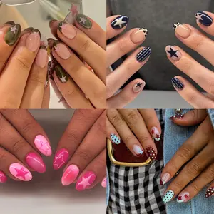 96pcs Short Oval Press-On Nail Set, Y2K Star Line Leopard Plaid Gradient Design, Removable Stylish Acrylic Nails DIY Kit, Glossy Finish