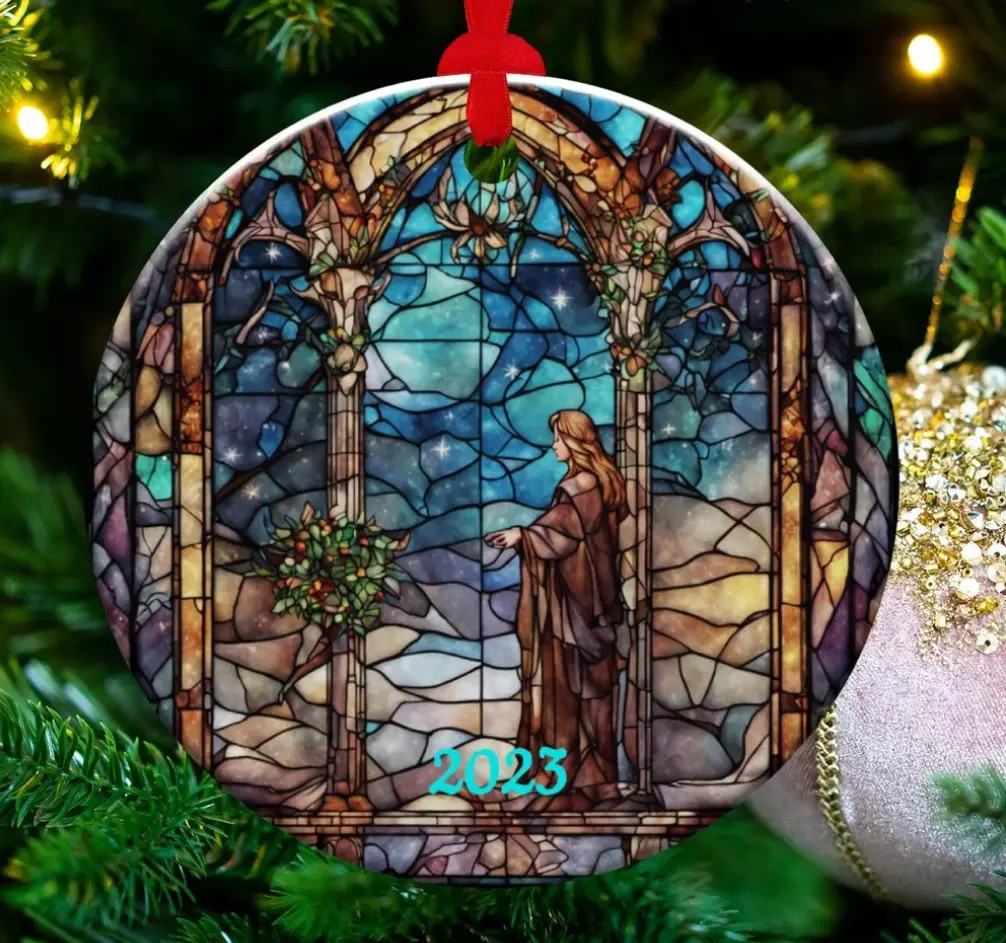Faux Stained Glass Look Angel Ornament, 2023 Christmas Decoration, Holiday Gift Idea, Heirloom Keepsake, Round Ceramic, Bauble Present